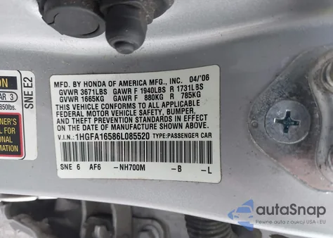 2006 Honda Civic Lx z USA, uszkodzony, nr VIN 1HGFA16586L085520